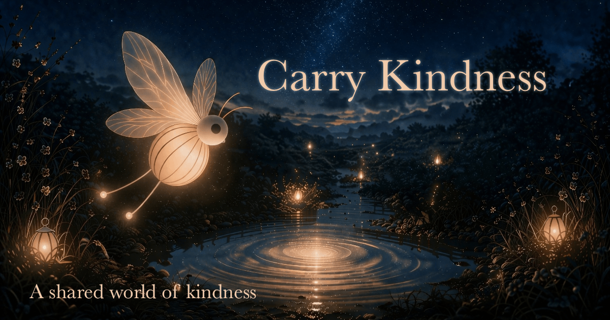 A glowing Kindness Moth hovers over a bright ripple pool in a dark meadow-night world.
